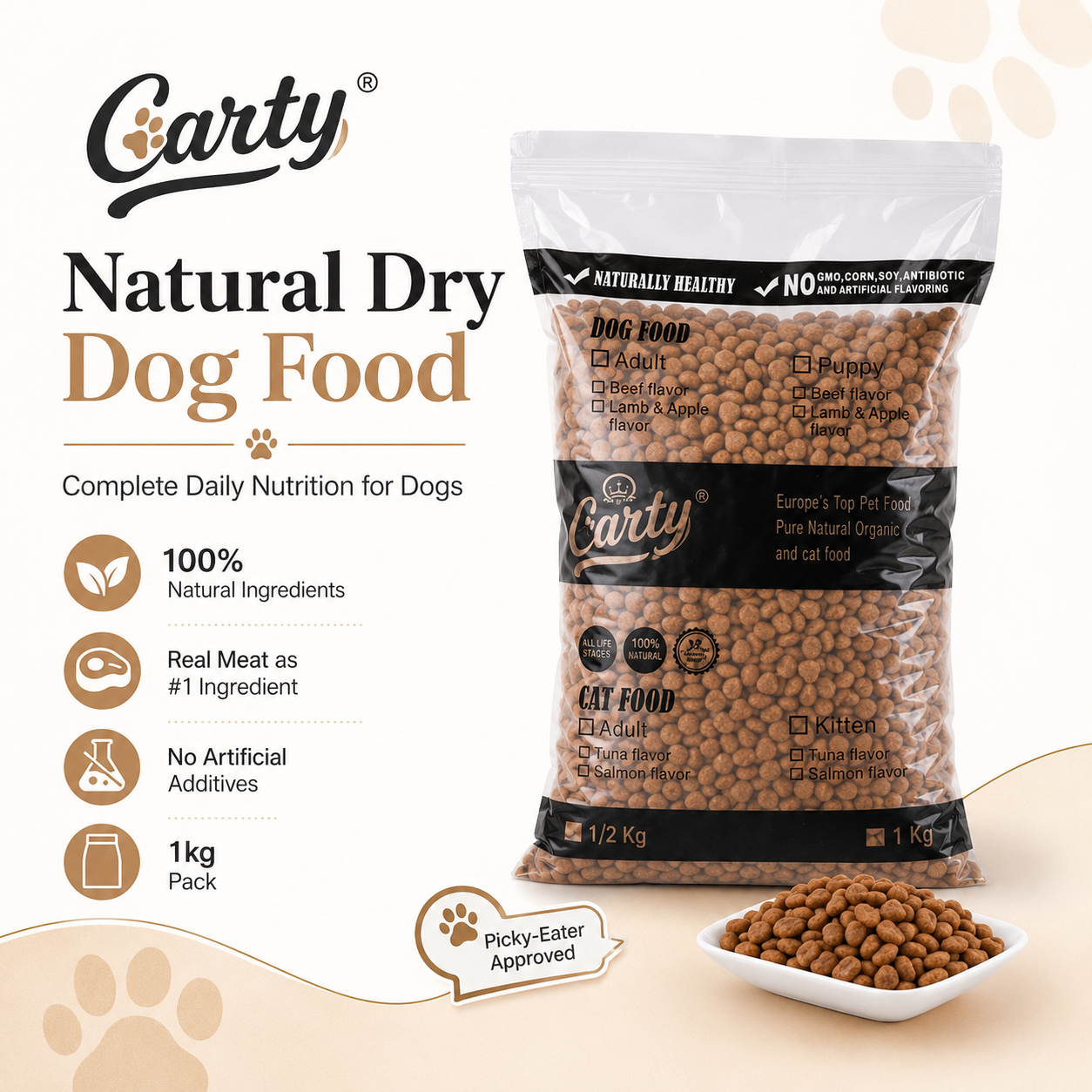 Carty Premium Natural Dog Food PURE NATURAL ORGANIC Dog Dry Food For Adult&Puppy dog treats /BEEF /LAMB /1KG - 2c6316c5-2af0-402f-9358-0990d880a1f0.png