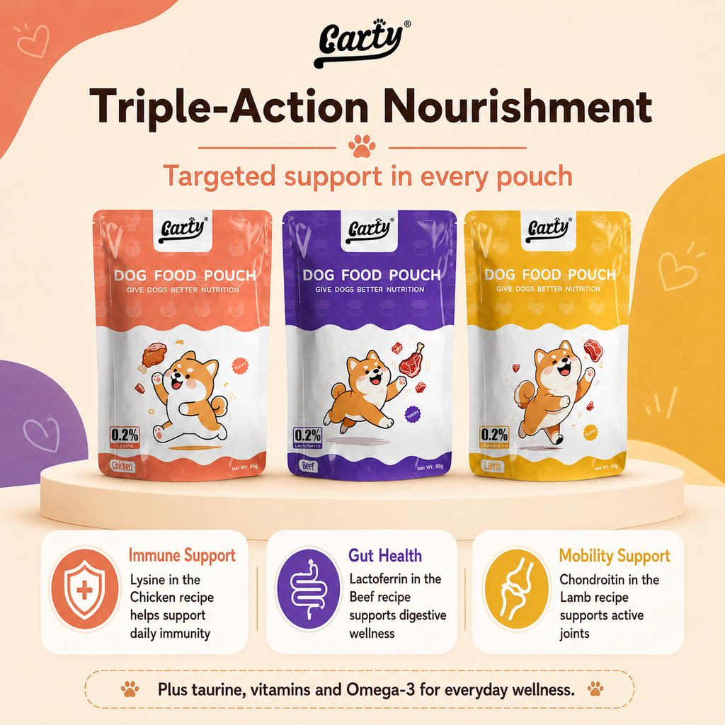 Carty Dog Wet Food Pouch 85g Beef Lamb Chicken Flavor High Protein, Immune & Joint Support Natural Wet Food for Puppy & Adult Dog - 5ae535eb-8a9e-479c-9d1b-b67514d47665.png