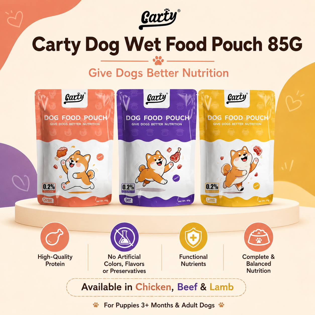 Carty Dog Wet Food Pouch 85g Beef Lamb Chicken Flavor High Protein, Immune & Joint Support Natural Wet Food for Puppy & Adult Dog - 91a6f473-18bc-43ca-9cec-a8213c80ffb3.png