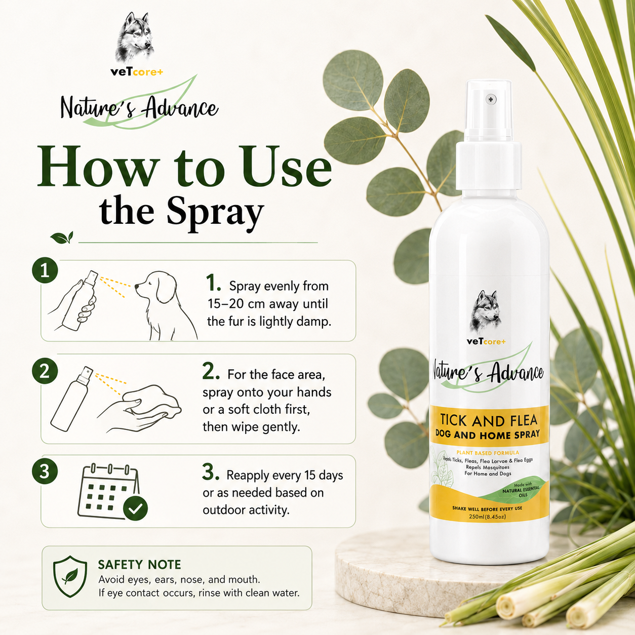 Vet Core Plus Nature's Advance Tick and Flea Spray 250ml for dog and home pet Flea Treatment Dog soap VetCore+ - ChatGPT Image 2026年5月19日 21_17_17 (4).png