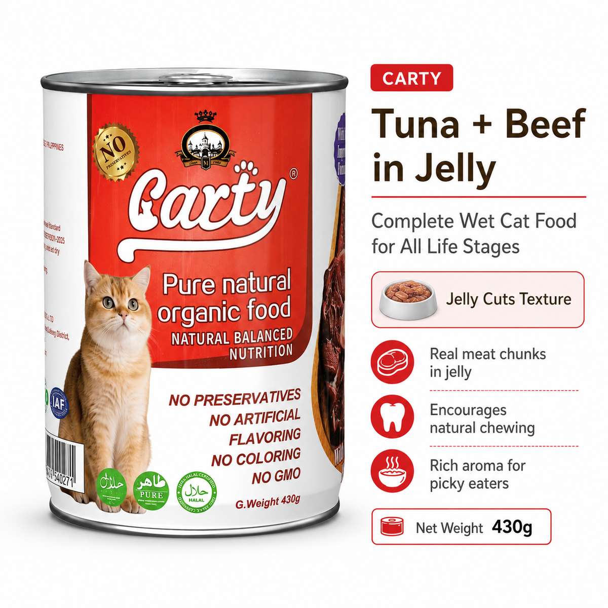 Carty Wet Cat Food 430g - Tuna + Beef