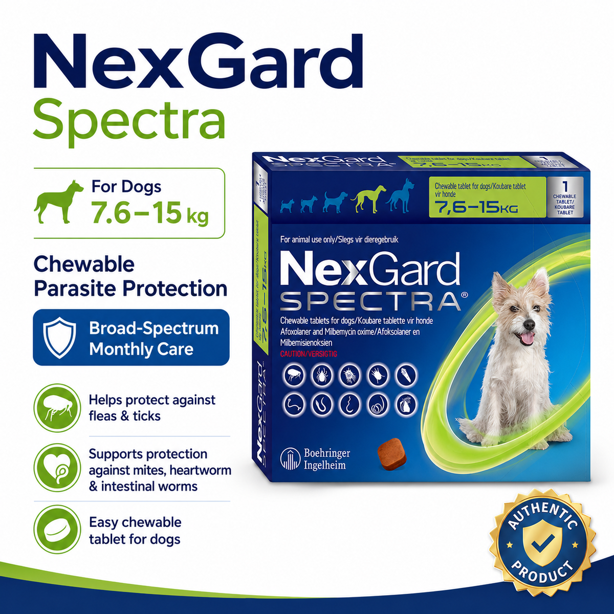 NexGard Spectra Chewables for Dogs - 7.5-15kg, Box of 3 Chews